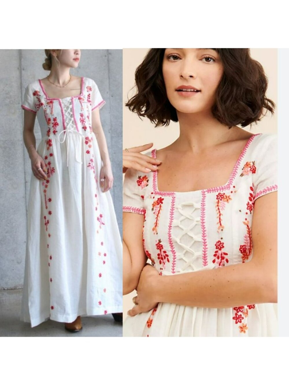 Tach Clothing Raffaella Free People White Pink Linen Floral Embroidered Dress - Picture 1 of 16